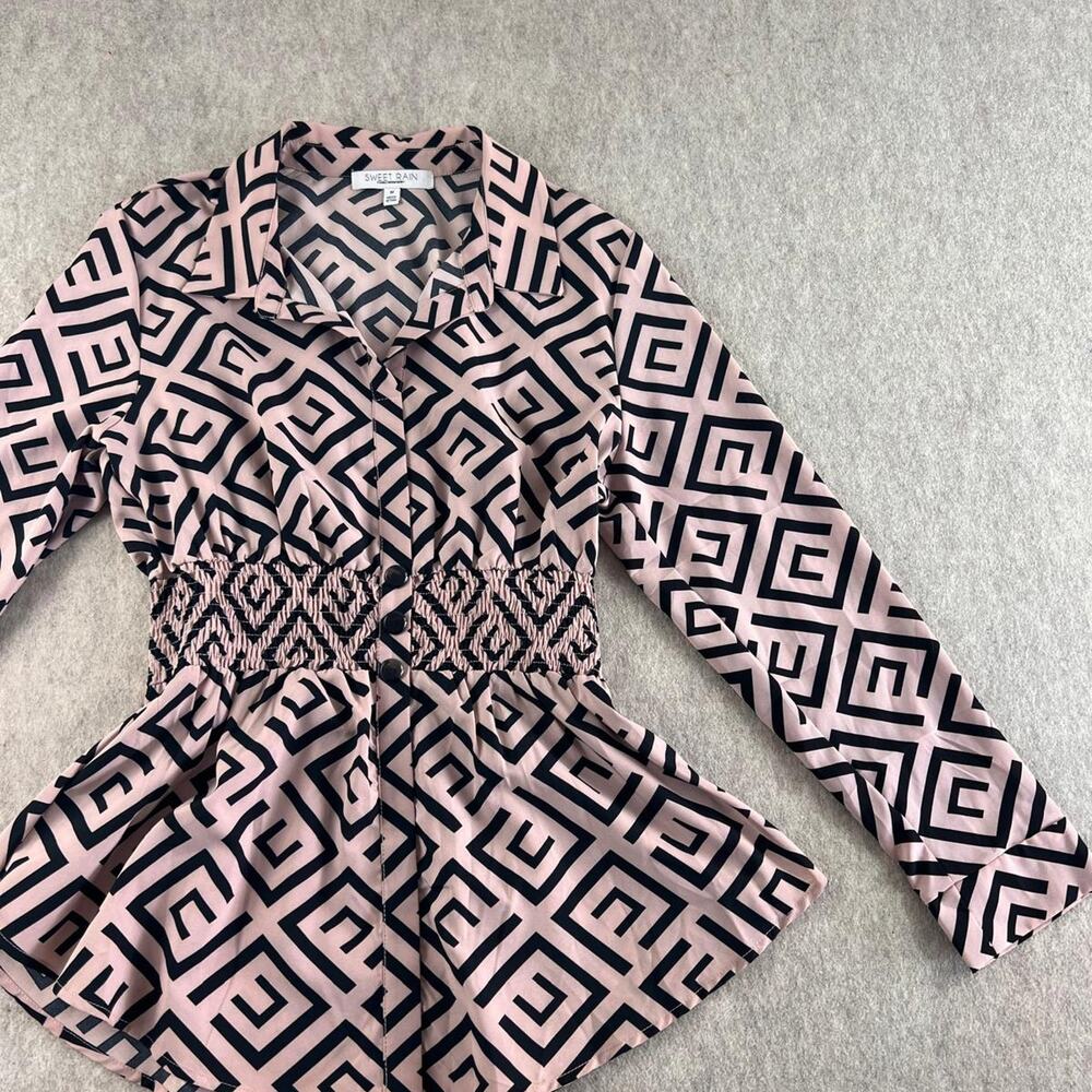 Sweet Rain Geometric Print Long Sleeve Blouse Size M